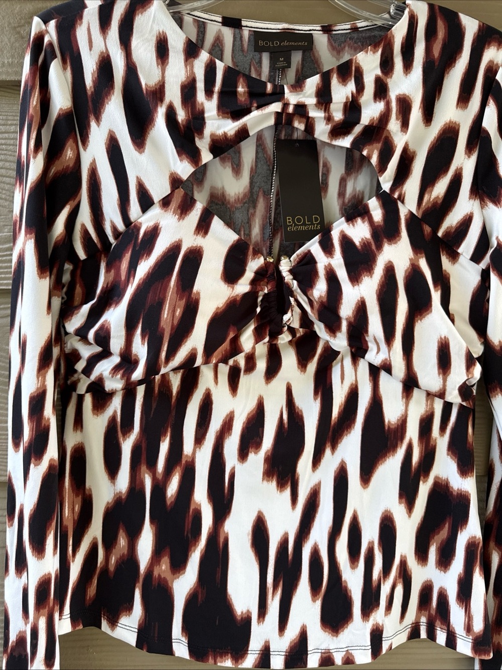 BOLD elements Brown & White Animal-Print Long Sleeve Top with Cutout - Picture 6 of 10